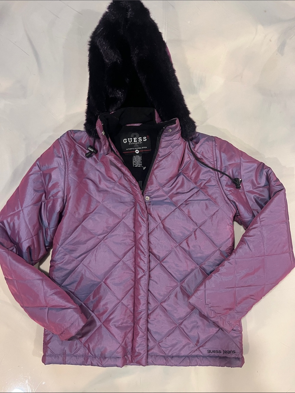Guess Women's Shimmery Lavender Quilted Puffer with Faux Fur-Trim Hood